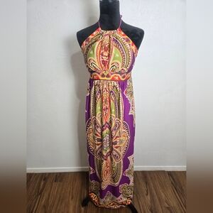 XOXO Purple Paisley Halter Maxi Dress with Green and Orange Accents